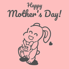 Happy Mothers Day, Cute Animal Character Hand Draw. Vector Rabbit and little rabbit sticker for Mother's day or sale shopping special offer poster. Best Mom ever greeting card
