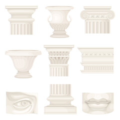 Antique Items with Ancient Ornamental Column Part and Amphora Vector Set