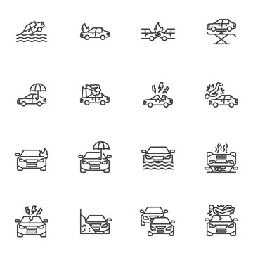 Car insurance line icons set, auto insurance outline vector symbol collection, linear style pictogram pack. Signs, logo illustration. Set includes icons as car accident, bodily injury liability