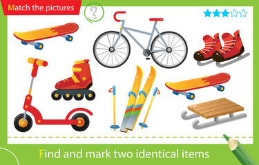 Find and mark two identical items. Puzzle for kids. Matching game, education game for children. Color image of bicycle, scooter, skateboard, skis, skates, sled and roller skates