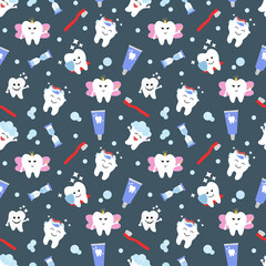 Seamless pattern with cute teeth and objects for dental care on blue background - funny toothpaste, brush, hourglass. Cute Tooth Fairy. Vector illustration.