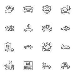 Auto insurance line icons set, car insurance outline vector symbol collection, linear style pictogram pack. Signs, logo illustration. Set includes icons as auto repair service, disaster, cash payment