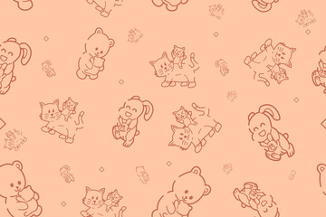 Seamless Pattern, Cute Animal Character Hand Draw. Vector Cat, Rabbit and Bear family sticker for Mother's day or sale shopping special offer poster. Best Mom ever greeting card. gift wrapping.