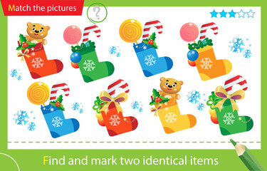 Find and mark two identical items. Puzzle for kids. Matching game, education game for children. Color image of Christmas Socks, Christmas boots with gifts, toys and sweets