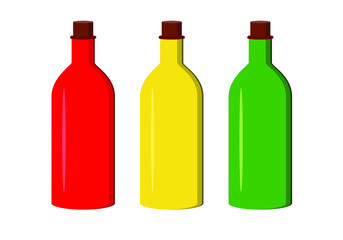 Three bottles of sauce. Red, yellow, green. Ketchup, mustard.