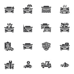 Car accident vector icons set, auto insurance modern solid symbol collection, filled style pictogram pack. Signs, logo illustration. Set includes icons as car insurance, auto policy, flood coverage