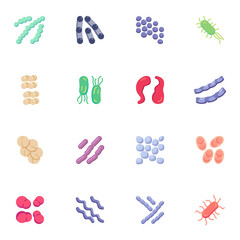 Bacteria cells flat icons set, Colorful symbols pack contains - microbes and virus cell, staphylococcus, lactococcus, pneumococcus. Vector illustration. Flat style design