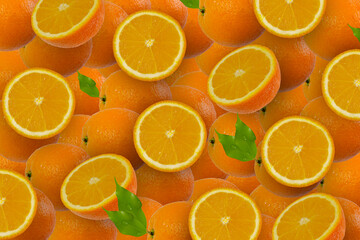 orange background. flat top view. mugs of oranges with green leaves.