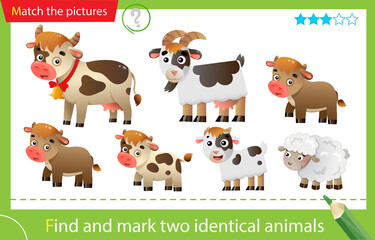 Obraz na płótnie Canvas Find and mark two identical animals. Puzzle for kids. Matching game, education game for children. Color images of farm animals with cubs. Cow and calves, goat and kid
