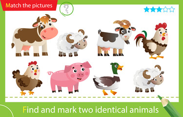 Find and mark two identical animals. Puzzle for kids. Matching game, education game for children. Color images of farm animals. Goat, cow, sheep, duck, pig, hen, rooster