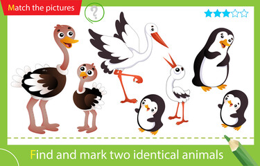 Find and mark two identical animals. Puzzle for kids. Matching game, education game for children. Color images of animals and birds with their young. Stork, ostrich, penguin