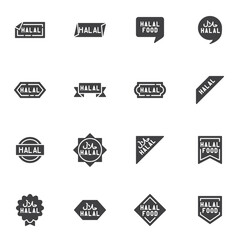 Certified halal food vector icons set, modern solid symbol collection, filled style pictogram pack. Signs, logo illustration. Set includes icons as halal food sticker, price tag, quality award label