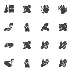 Hand hygiene vector icons set, washing hands modern solid symbol collection, filled style pictogram pack. Signs, logo illustration. Set includes icons as wash palms and fingers, soap, sanitary wipe