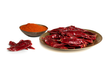 Dried Red Chili Peppers with Red Chili Powder isolated on White Background