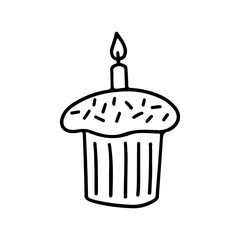 Hand drawn doodle Happy Easter card with candle, cupcake isolated on white background. Vector illustration. Design for coloring book, greeting card, print.