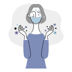 手に付いた菌・ウィルスを怖がる様子のシニア女性（マスク着用）