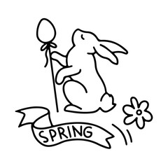 Hand drawn doodle Happy Easter card with egg, bunny, flower, branch isolated on white background. Vector illustration. Design for coloring book, greeting card, print.