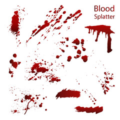 Set of blood splatters. Creepy bloodstains isolated on a white background.The Concept Of Halloween.