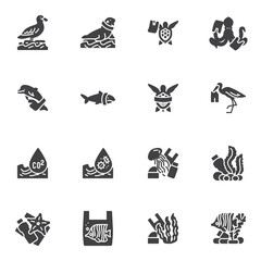 Water pollution vector icons set, modern solid symbol collection, filled style pictogram pack. Signs, logo illustration. Set includes icons as environmental contaminants, marine animals with plastic