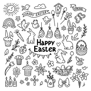 Hand drawn doodle easter elemetns isolated on white. Basket with colored eggs, bunny, carrot, tulips, glazed cake, candle, chick. Vector illustration. Design for coloring book, greeting card, print.