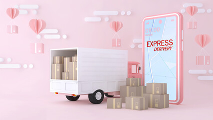 3D Online express delivery service concept, fast response delivery by scooter, courier Pickup, Delivery, Online Shipping Services. 3d Rendering.	