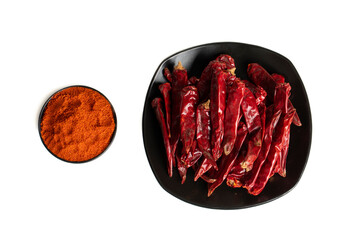 Dried Red Chili Peppers with Red Chili Powder isolated on White Background