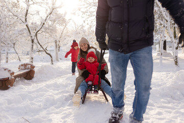 Mom and daughter sit on a sleigh, dad rolls them in a winter park. The older girl runs from behind. Family and two daughters on vacation in winter.