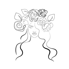 Woman Head with Flower One Line Art Drawing. Minimalist Trendy Contemporary Design Perfect for Wall Art, Prints, Social Media, Posters, Invitations, Branding Design. Vector Illustration