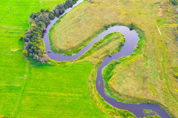 A winding river on a plain with trees and meadows on the shore, aerial view.