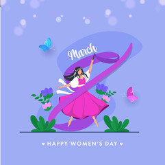 Womens Day Greeting Card Design with Illustration of a Young Cheerful Girl and Colorful Flowers and Butterflies.