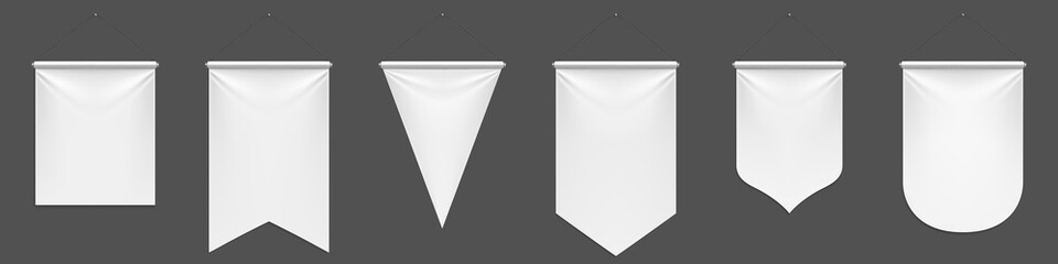 White pennant flags mockup, blank vertical banners on flagpole with rounded, straight, pointed and double edges. Isolated medieval heraldic empty ensign templates. Realistic 3d vector illustration set - obrazy, fototapety, plakaty