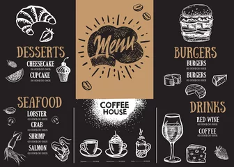 Fotobehang Brochure Restaurant, menu, template design. Food flyer. Hand-drawn style. © oldesign