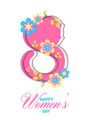 Happy Womens Day Getting Card with Text 8 Decorated With Colorful Flowers and a Women Face.