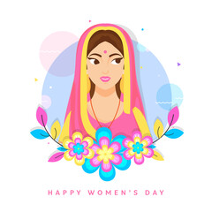 Obraz na płótnie Canvas Happy Womens Day Greeting Card with Illustration of an Indian Women and Colorful Flowers.