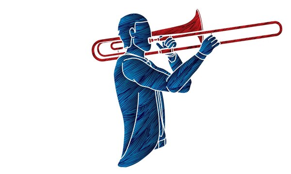 blue musician playing red trombone clip art preview