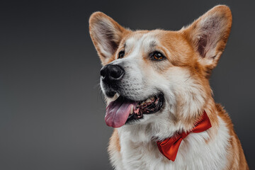 Happy small golden corgi dog wearing red bow tie, sticking out tongue and panting, sitting isolated on black background in studio.