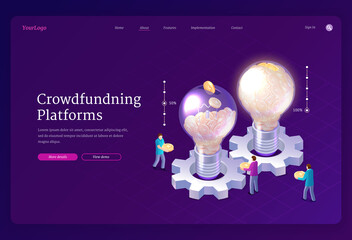 Crowdfunding platforms isometric landing page. People donate money for idea support put coins in huge glowing light bulbs. Social help, philanthropy, donation and charity concept, 3d vector web banner - obrazy, fototapety, plakaty