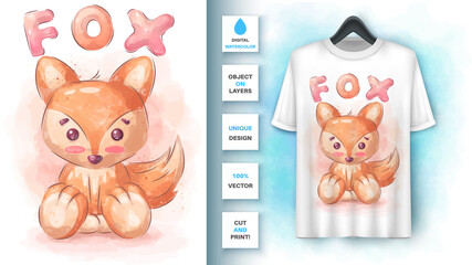 Watercolor fox poster and merchandising.