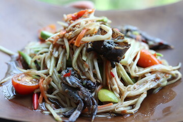 papaya salad with fermented fish sauce and crab it native thai food style spicy.