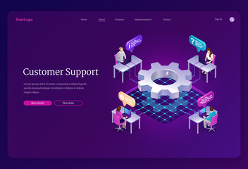 Customer support isometric landing page. Hotline operators help line service, call center receptionists or telemarketers with headset and pc working on assist clients online, 3d vector web banner
