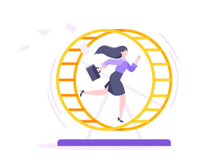 Rat race business concept with businesswoman running in hamster wheel working hard and always busy flat style design vector illustration. Tired workaholic in the loop routine trying to improve career.