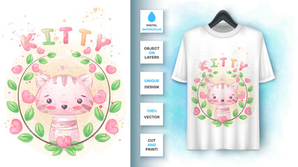 Watercolor cat in flower poster and merchandising.