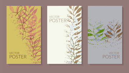 Natural background with colored leaves in pastel colors. Set of textured dotted posters with place for text. Modern flat design for packaging, advertising, social networks. Vector.