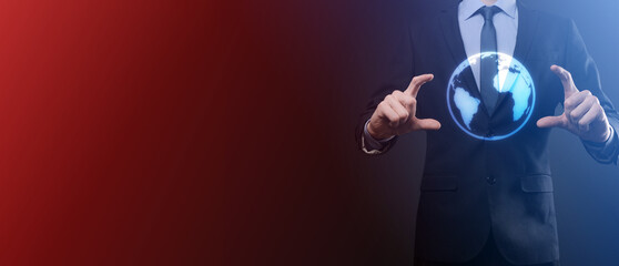 Businessman with protective gesture standing posture hand holding Earth icon , digital globe