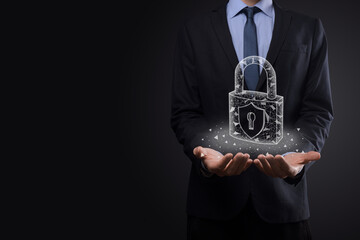 Cyber security network. Padlock icon and internet technology networking. Businessman protecting data personal information on tablet and virtual interface. Data protection privacy concept. GDPR. EU