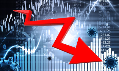Stock market crash due to covid 19. Down arrow show business loss. 3d illustration.