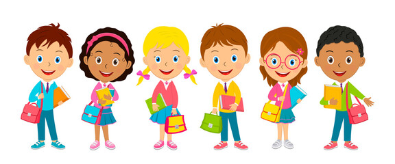 cute cartoon kids stand with books and bags