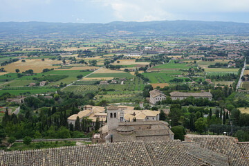 Assisi on hill with panoramic aerial view of countryside, Assisi, Italy