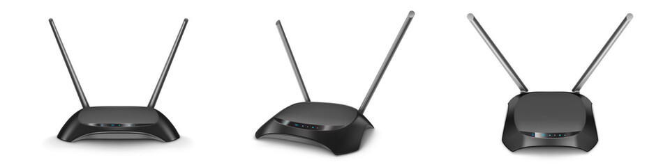 Fototapeta premium Wifi router front, top, angle and side view mockup, black home device with two antennas, glow blue indicators for wireless internet connection. Modern technology, Realistic 3d vector isolated mock up