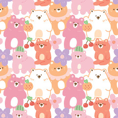 Seamless Pattern with Cartoon Bear Character Illustration Design on White Background